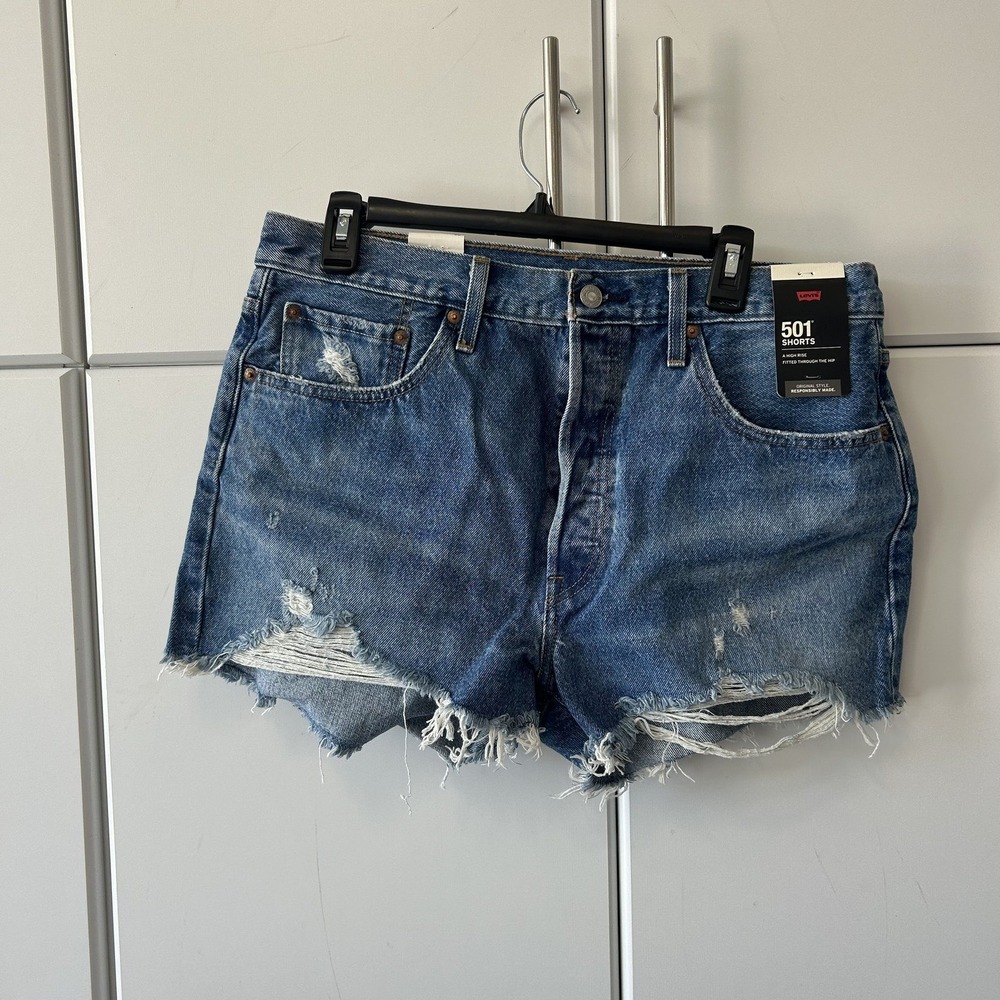 Levis Premium 501 Shorts Womens W32 High Rise Distressed Denim Cutoff Blue NWT